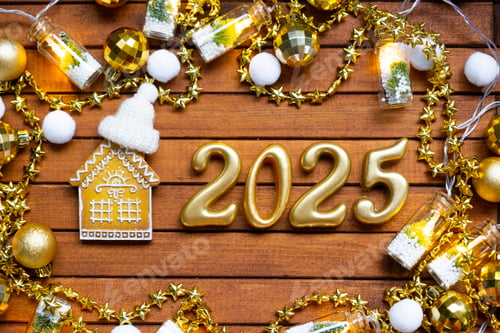 Preview: House key with tiny figure of home mock up on festive brown wooden background, lights of garlands. N