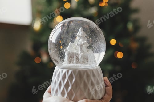 Preview: Stylish christmas snow globe in hand at christmas tree in lights in festive decorated boho room