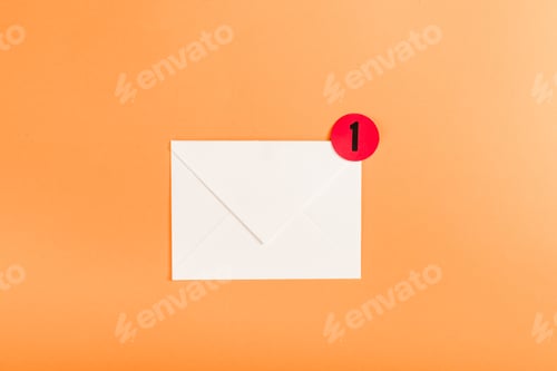 Preview: top view of paper envelope with red circle and notification with number 1 isolated on orange