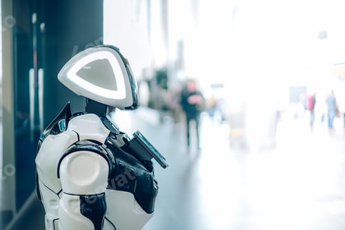 Preview: Futuristic robot assistant with artificial intelligence in a public place