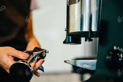 Preview: Fresh tasty coffee brewed by coffee machine in cafe or pub. Step by step guide to professional