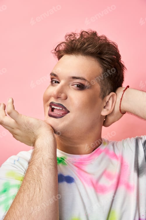 Preview: Vibrant celebration of queer identity with confident expression against a playful pink background