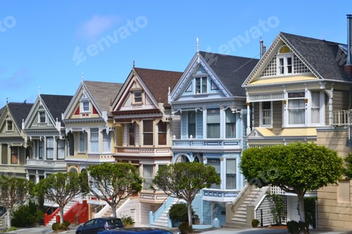 Preview: The iconic pastel Painted Ladies Victorian homes in neighborhood San Francisco, CA
