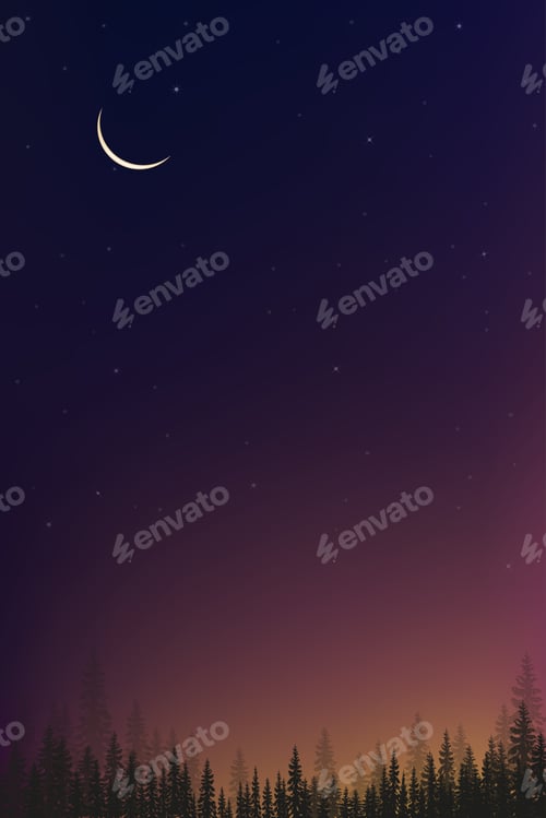 Preview: Vertical mountain landscape with silhouettes of misty pine trees in forest with crescent moon,