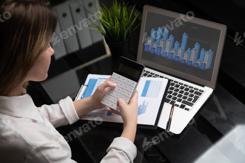 Preview: Businesswoman Working With Calculator And Graphs On Laptop