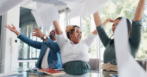 Preview: Meeting, celebration and a business team throwing documents during planning in the office boardroom