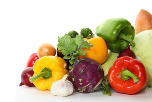 Preview: Heap of fresh ripe vegetables on white background. Organic food