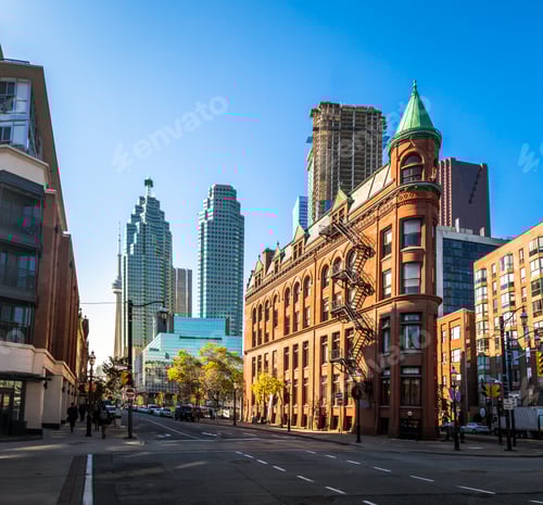 Preview: Gooderham or Flatiron Building in downtown Toronto with CN Tower - Toronto, Ontario, Canada
