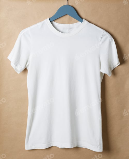 Preview: Hanger with blank white t-shirt on cardboard background, space for text