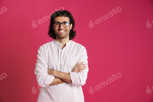 Preview: White brunette man in eyeglasses smiling and looking at camera