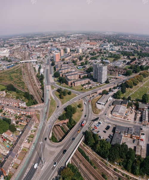 Preview: Aerial panorama view of Doncaster cityscape skyline with road and rail transport