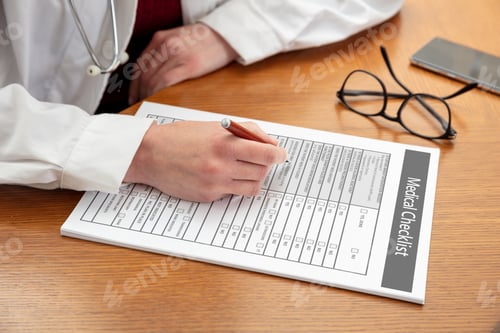 Preview: Medical checklist. Woman doctor, wooden office table. Female hand over document, close up
