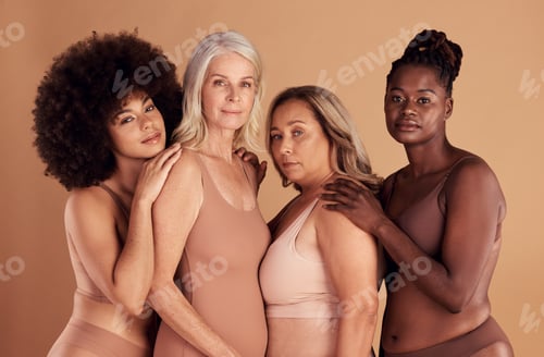 Preview: Beauty, diversity and group of women in lingerie in studio on a brown background. Underwear, makeup