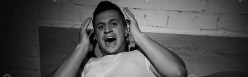 Preview: monochrome photo of stressed man with panic attacks screaming at night, banner
