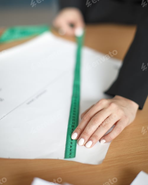 Preview: Female hands using measuring ribbon to sewing pattern