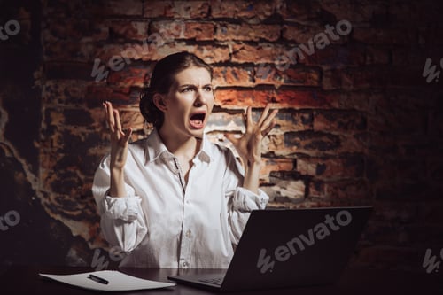 Preview: Irritated busy woman sitting at table with laptop