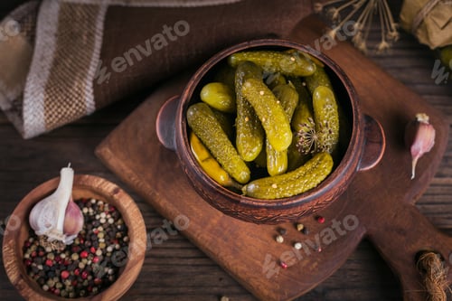 Preview: Plate of gherkins, pickled cucumbers on a rustic wooden background