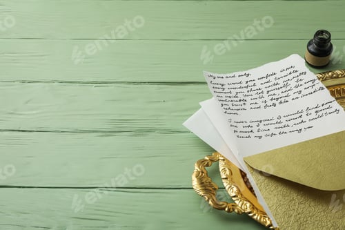 Preview: Letter with text on golden tray, ink bottle on green wooden background, space for text