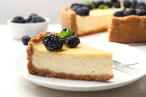 Preview: Piece of delicious cheesecake decorated with blackberries on table