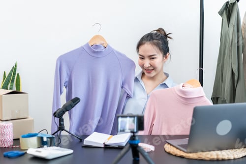 Preview: Women fashion designer stylist broadcast live streaming video to sale product and receive online