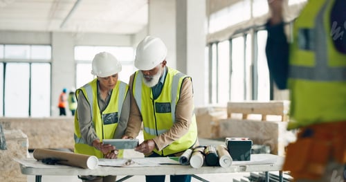 Preview: Engineer, architect and business people on tablet for construction, strategy or project plan at wor