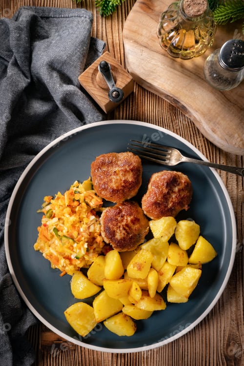 Preview: Meatballs served with fired potatoes.