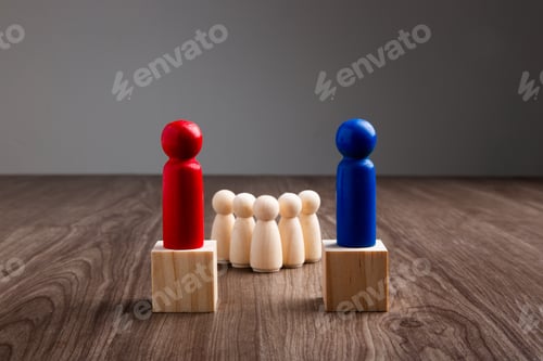 Preview: Wooden people figures on wooden background. Career growth, development and leadership