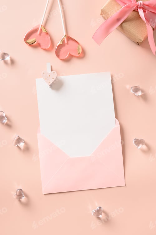 Preview: Valentine's day greeting card with empty blank and two pink sweets.