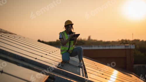 Preview: Service engineer checking solar cell on the roof for maintenance if there is a damaged part.