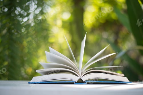 Preview: Close up of open book at home garden with nature bokeh background.
