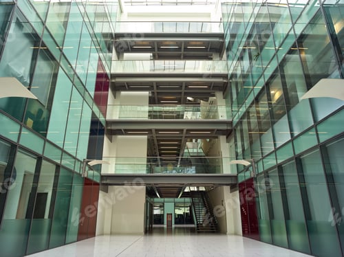 Preview: Interior View From Modern Office Lobby Of Empty Floors And Staircases