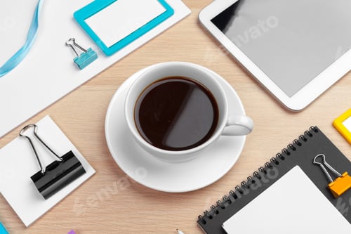 Preview: Corporate identity design template on wooden desk close up