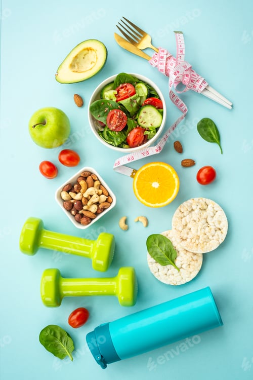 Preview: Diet food, healthy lifestyle and fitness background on blue.