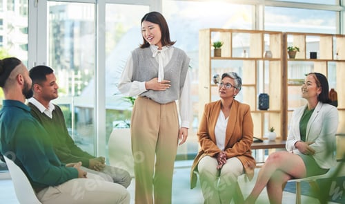 Preview: Support, group and psychology of Asian woman talking in meeting, conversation and wellness. Counsel