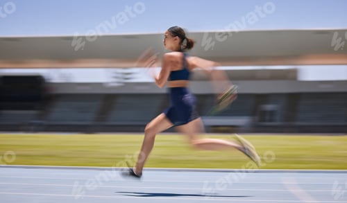 Preview: Woman, motion blur or running on stadium track in fitness training, workout or exercise for race, m