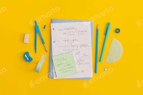 Preview: School stationery on a yellow background. Top view with copy space. Flat lay. Back to school