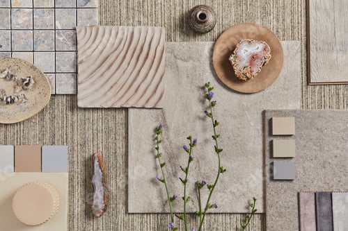 Preview: Flat lay of creative design of beige architect moodboard composition