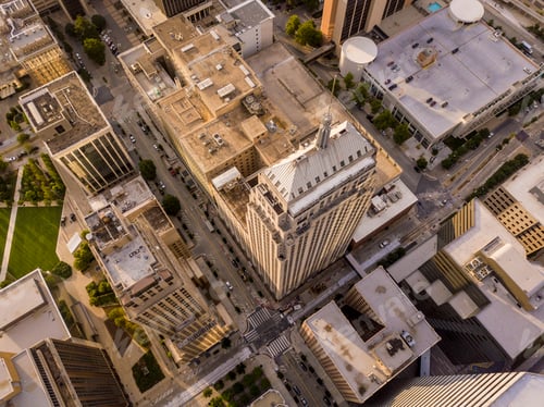 Preview: Dramatic close aerial view of skyscrapers in Oklahoma City, stra
