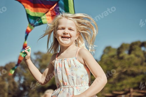 Preview: Running child, portrait and kite playing in park, nature garden or house backyard on holiday vacati