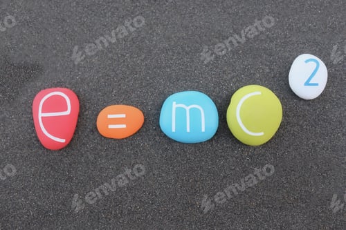 Preview: Science physics formula e=mc2, Theory of relativity composed with colored and carved stones