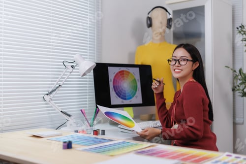 Preview: Asian female designer working with color swathes and computer in her studio