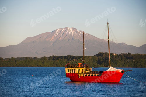 Preview: Capitan Haase Traditional Sailing Ship on Llanquihue Lake with Calbuco Volcano behind, Puerto Varas,