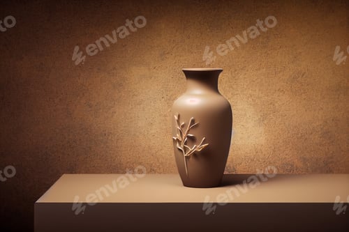 Preview: minimal design decoration of clay vase,white candle,pampas grass on natural stone podium, copy space