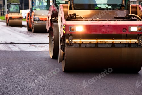 Preview: Road Rollers Paving a City Street With Fresh Asphalt in a Metropolis