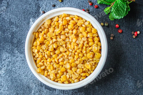 Preview: Dry Peas Boiled Porridge Healthy Food (Meat Product Sausage) Menu Concept Background. Top View