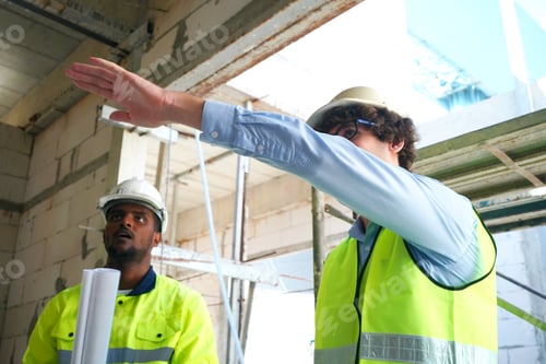 Preview: Architect and construction engineer or surveyor discussion plans and blueprints