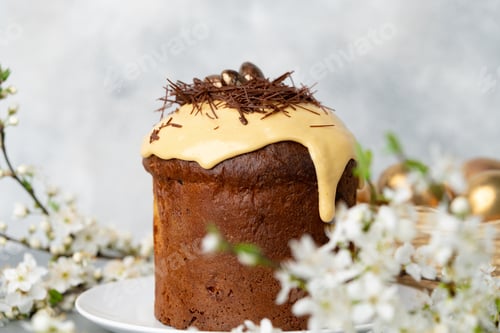 Preview: Easter cake with nest decor on gray background
