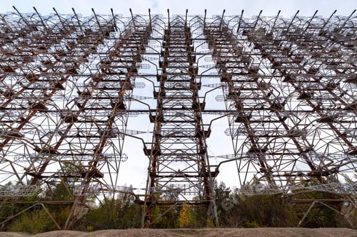 Preview: Duga Radar under a blue cloudy sky in an abandoned area in Chernobyl