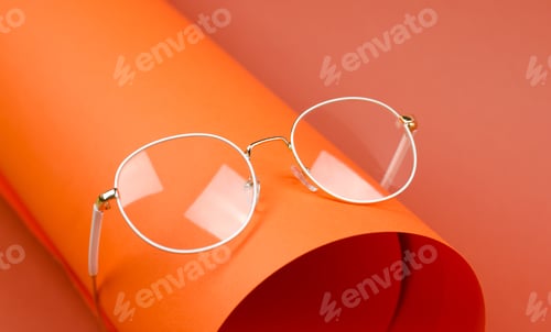 Preview: Glasses with round lenses in a white frame on an orange background. Glasses for vision