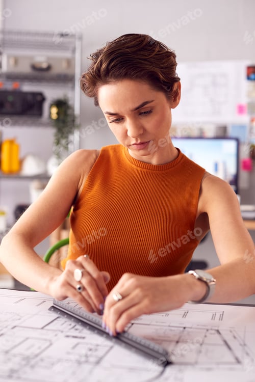 Preview: Female Architect At Desk In Office Measuring Plan Or Blueprint With Ruler